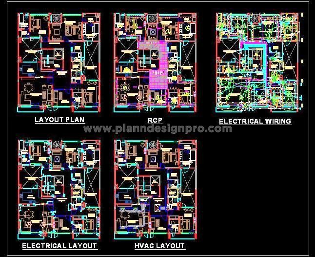 3BHK Apartment Floor Plan- RCP, Electrical & HVAC Layouts